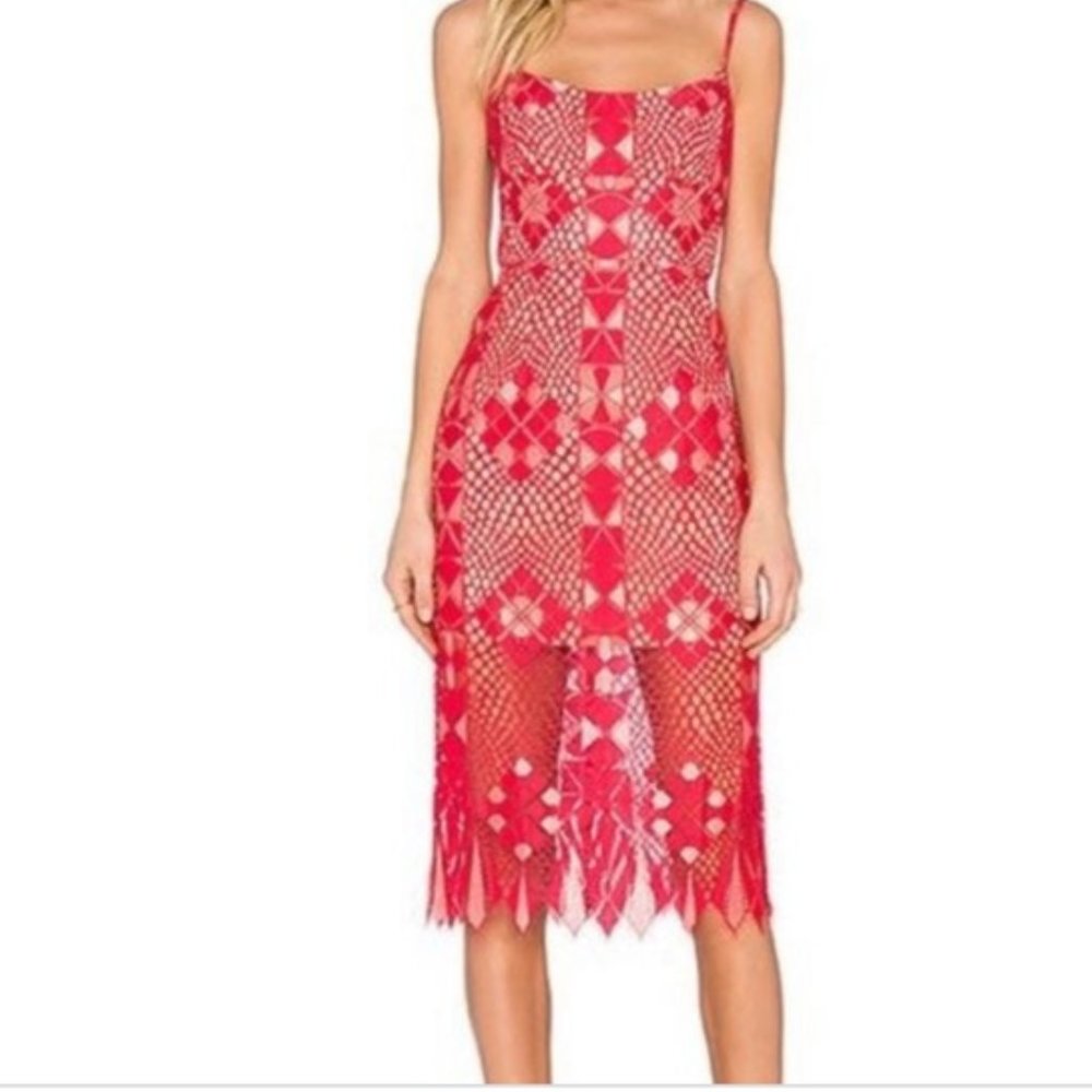 BCBG Alese Asymmetrical Geometric Lace dress